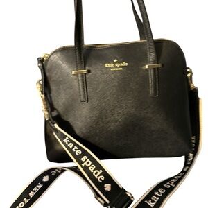 kate spade Black Leather Satchel with Branded Strap gold accents nice like new